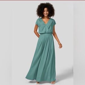 Hulara V Neck Short Sleeve Side Pocket Wide Leg Flowy Waffle Casual Jumpsuit